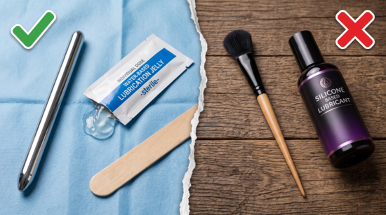 Split-screen of good vs. bad urethral play practices. Left (safe, green check): steel dilator, spatula, and sterile water-based lube on a blue cloth. Right (unsafe, red cross): pointed makeup brush and silicone lube on a wood desk.