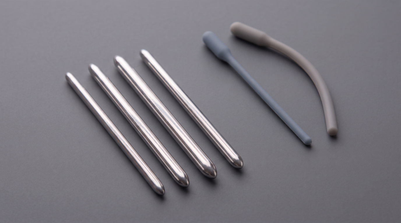 Urethral dilator set featuring four straight stainless steel sounds and two silicone dilators resting on a dark grey background.