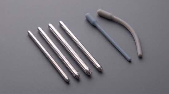Urethral dilator set featuring four straight stainless steel sounds and two silicone dilators resting on a dark grey background.