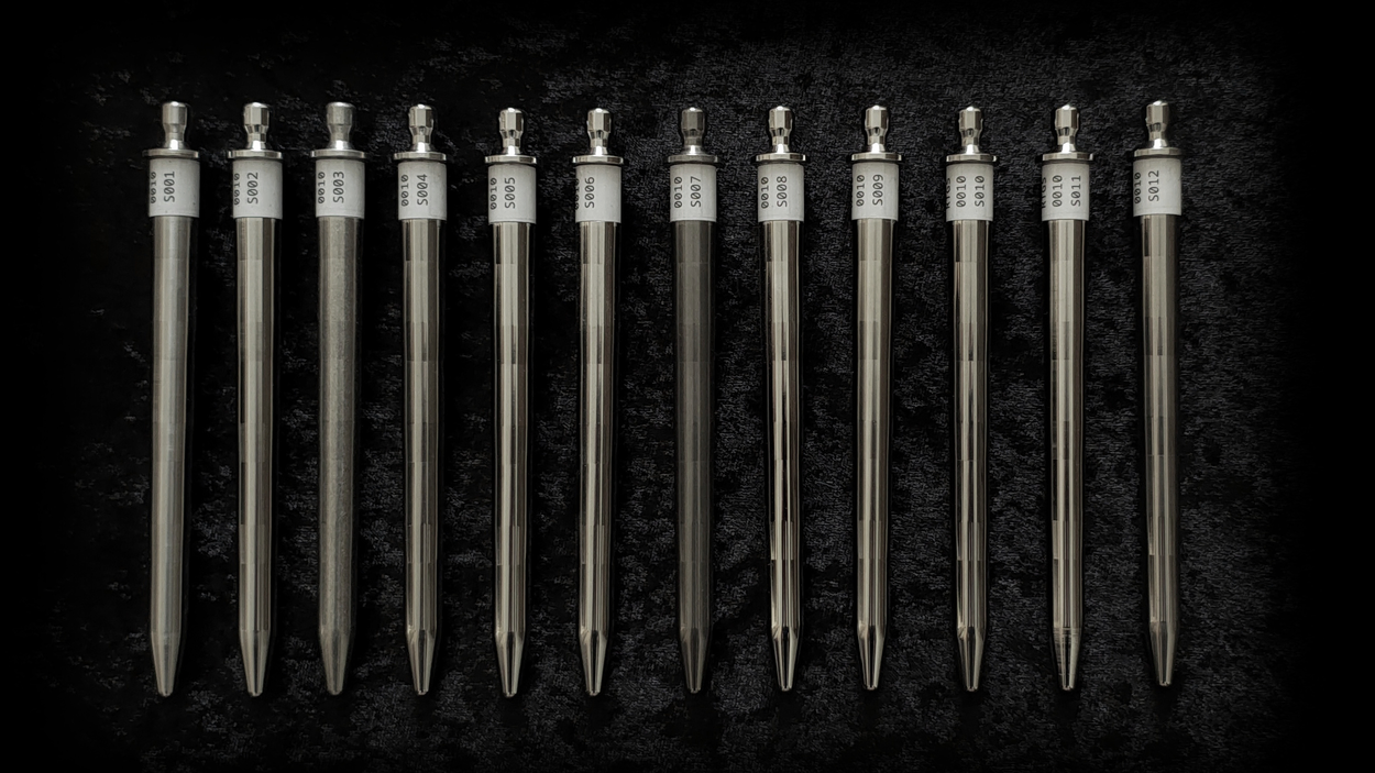 A set of stainless steel, hybrid-tapered urethral sound prototypes designed for advanced dilation.