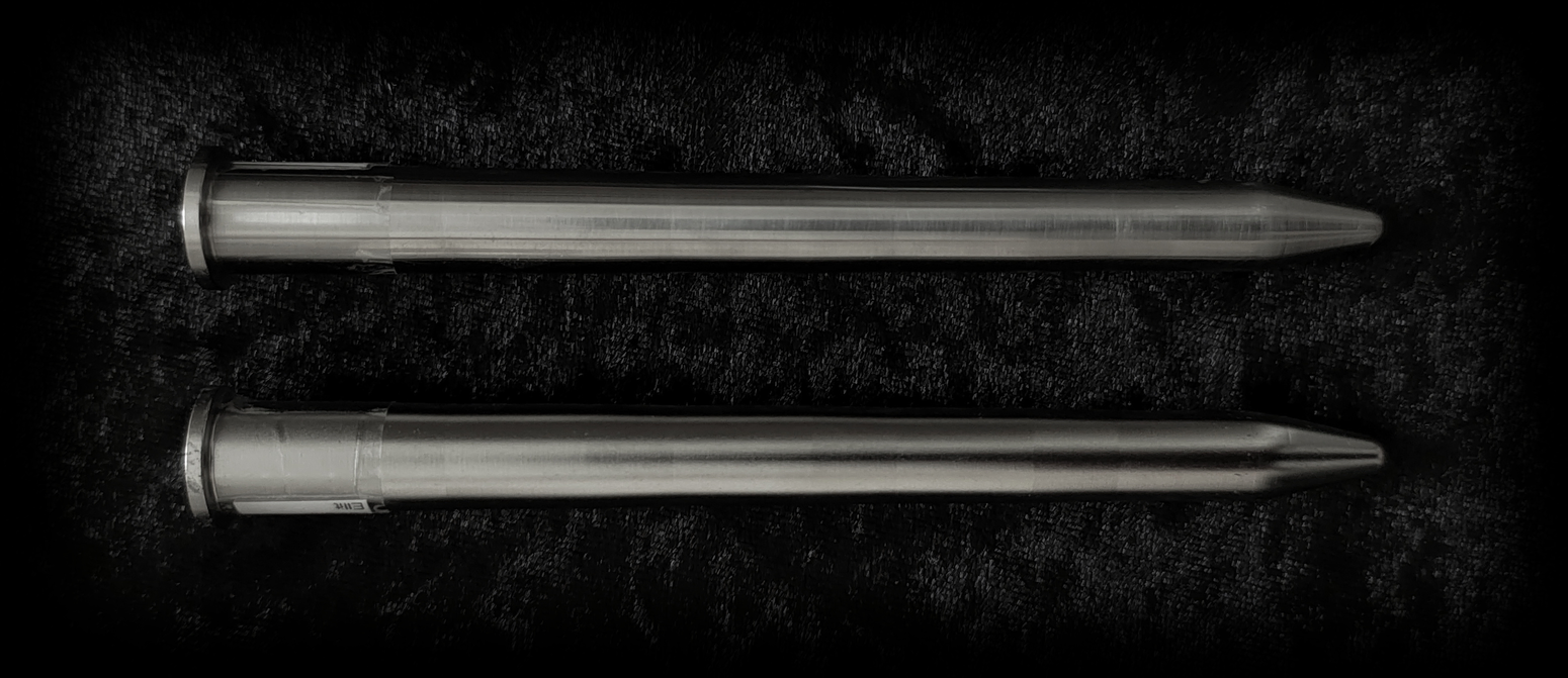 Two first prototypes of the Gentle stretcher dilator. Poorly polished and missing the final grip section