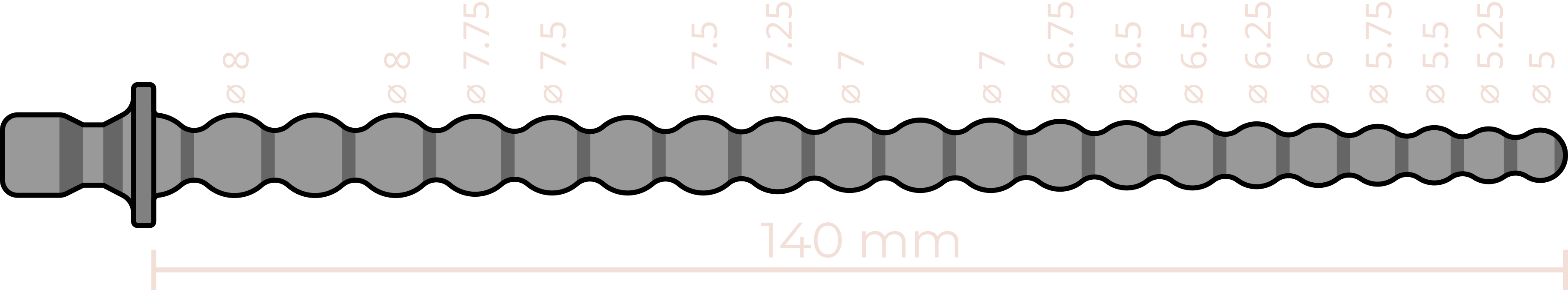 Bubbles 5-8 mm Sounding rod with tapered sections dimensions drawing