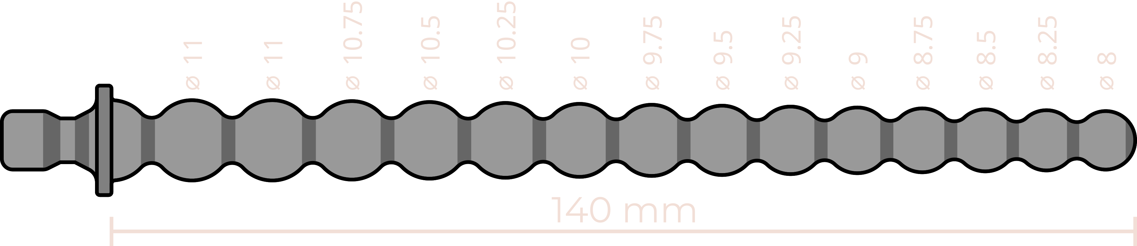 Dimensions sketch of the Bubbles 8-11 mm beaded metal urethral sound, showing an insertable length of 140mm and incremental diameters.