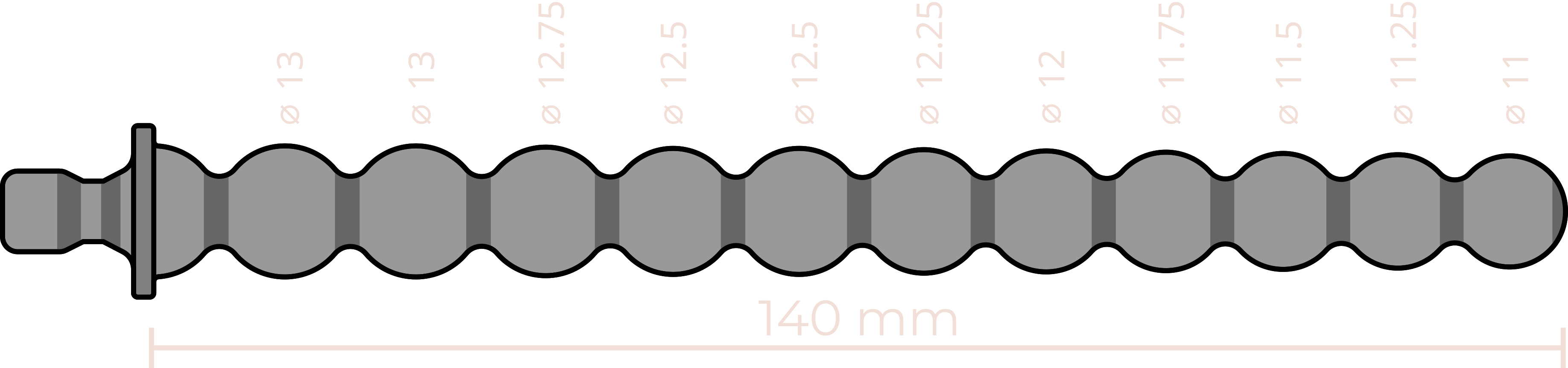 Dimensions sketch of the Bubbles 11-13 mm beaded metal urethral sound, showing an insertable length of 140mm and incremental diameters.