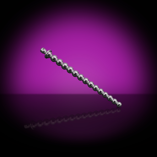 Stainless steel beaded metal urethral sound (Bubbles 8-11 mm) featuring graduated spherical beads and a flanged base against a purple background.