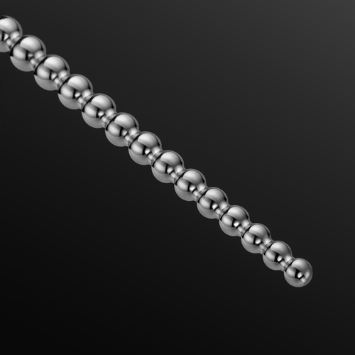 Close-up of a graduated stainless steel urethral sound tip (Bubbles 8-11 mm), highlighting the progressively smaller metal beads.