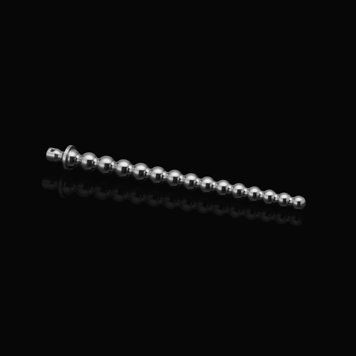Full horizontal view of a stainless steel beaded urethral sound (Bubbles 8-11 mm) resting on a black reflective surface.