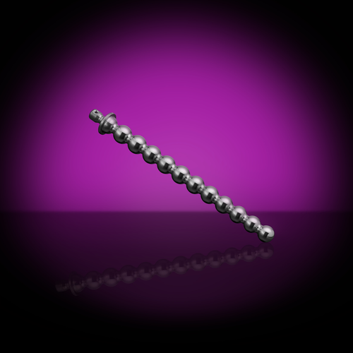 Stainless steel beaded metal urethral sound (Bubbles 11-13 mm) featuring graduated spherical beads and a flanged base against a purple background.