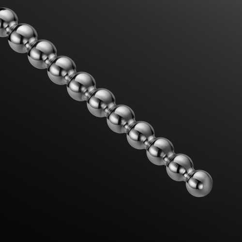 Close-up of a graduated stainless steel urethral sound tip (Bubbles 11-13 mm), highlighting the progressively smaller metal beads.